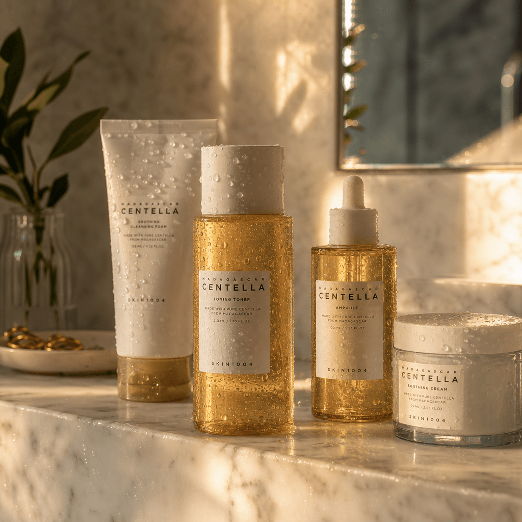 Skincare bottles with morning warm golden light hitting marble bathroom shelf. Dewy fresh aesthetic with water droplets 