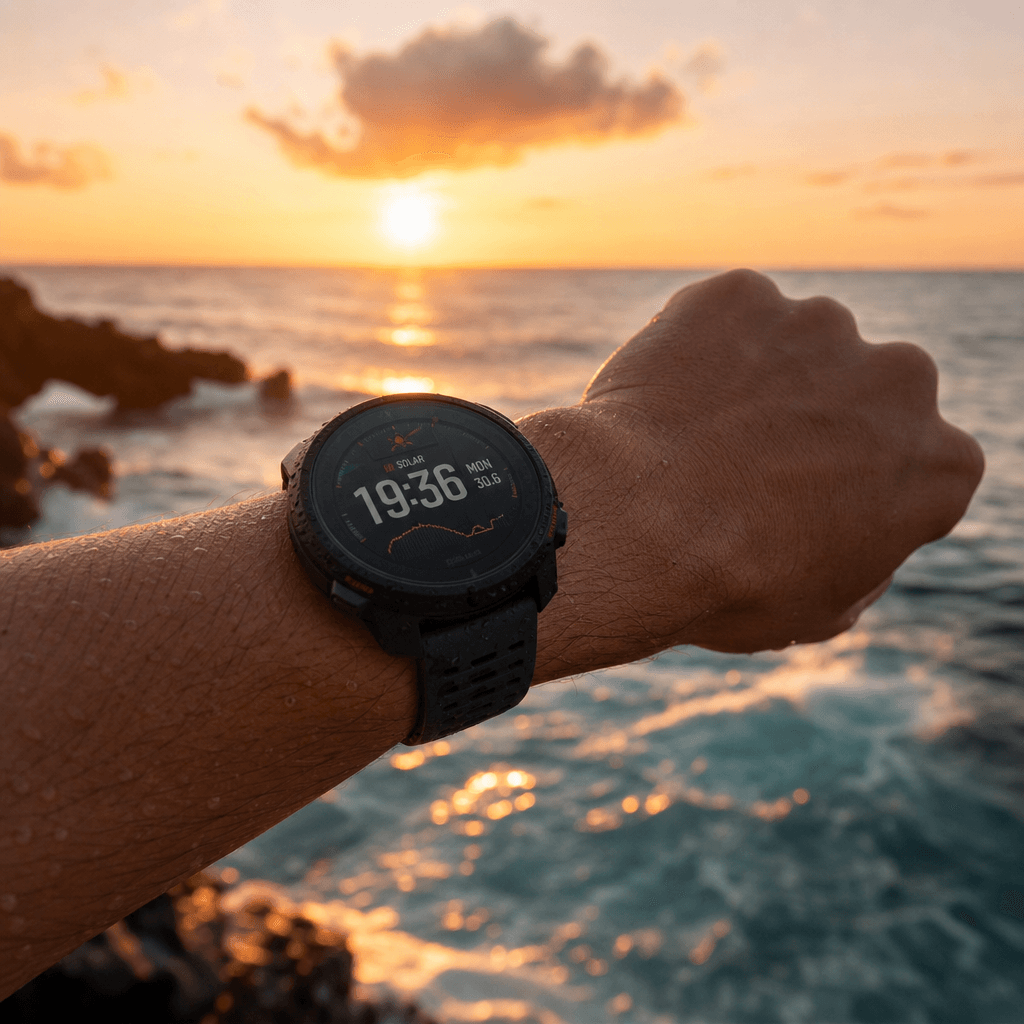 Modern sports watch on wrist against sunset ocean backdrop, lifestyle action shot, cinematic color grading, professional