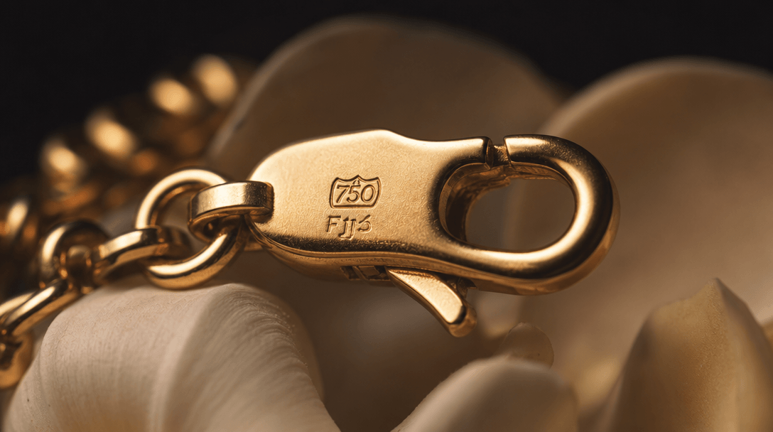 Extreme macro of a gold jewelry clasp catching diffused warm light, shallow depth of field exposing micro-engraved hallm