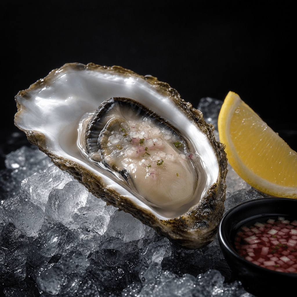 Fresh oyster on crushed ice with mignonette and sea salt, pearl-white shell catching dramatic light. Lemon wedge beside.