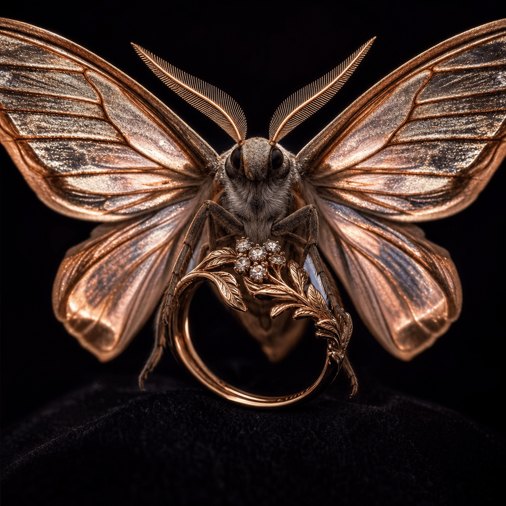A translucent-winged hawk moth perched protectively around a delicate gold ring, iridescent wing scales catching a singl