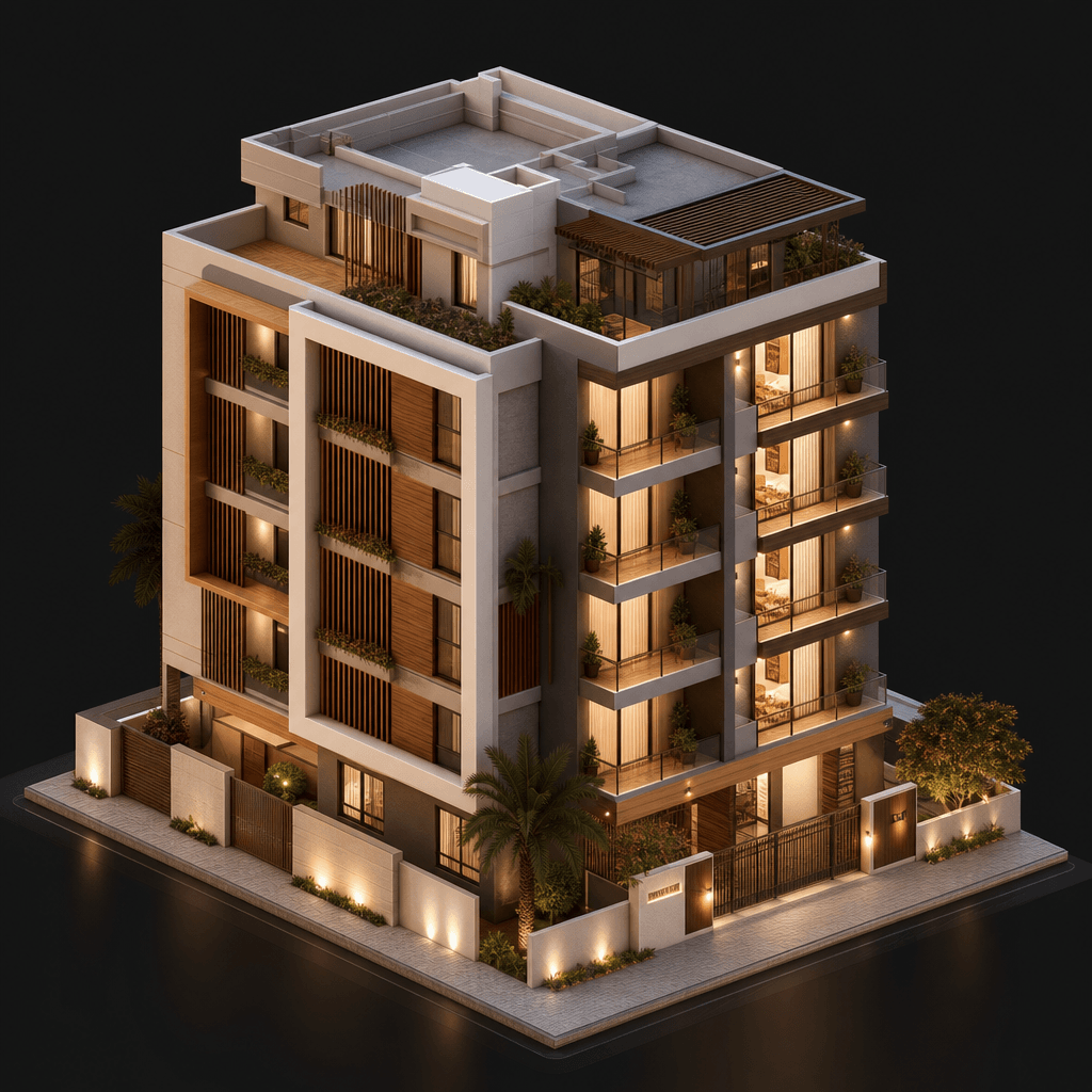 Isometric 3D render of a contemporary residential building in soft warm tones. Clean geometric forms with detailed façad