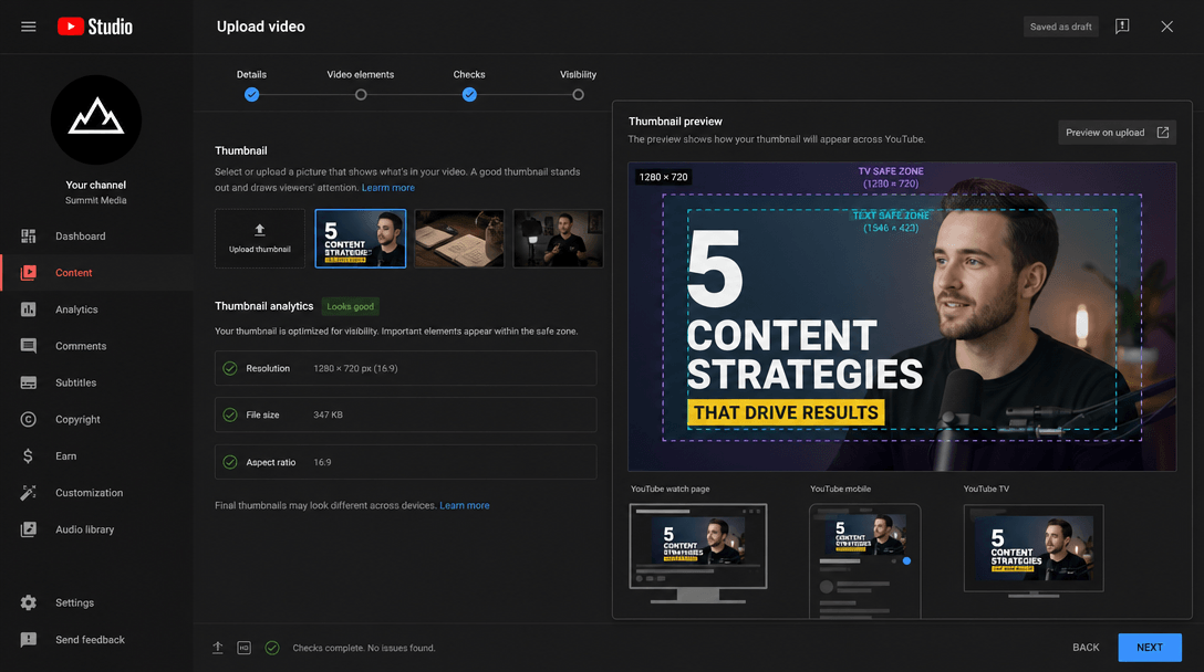 YouTube Studio upload interface mockup: Thumbnail preview showing optimized 1280×720 dimensions, safe zones highlighted,