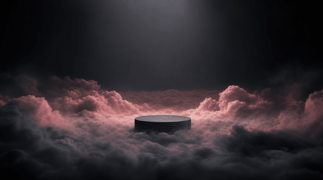 A small matte product pedestal emerging from an immense field of rolling clouds in a dark soundstage, surreal dream-worl