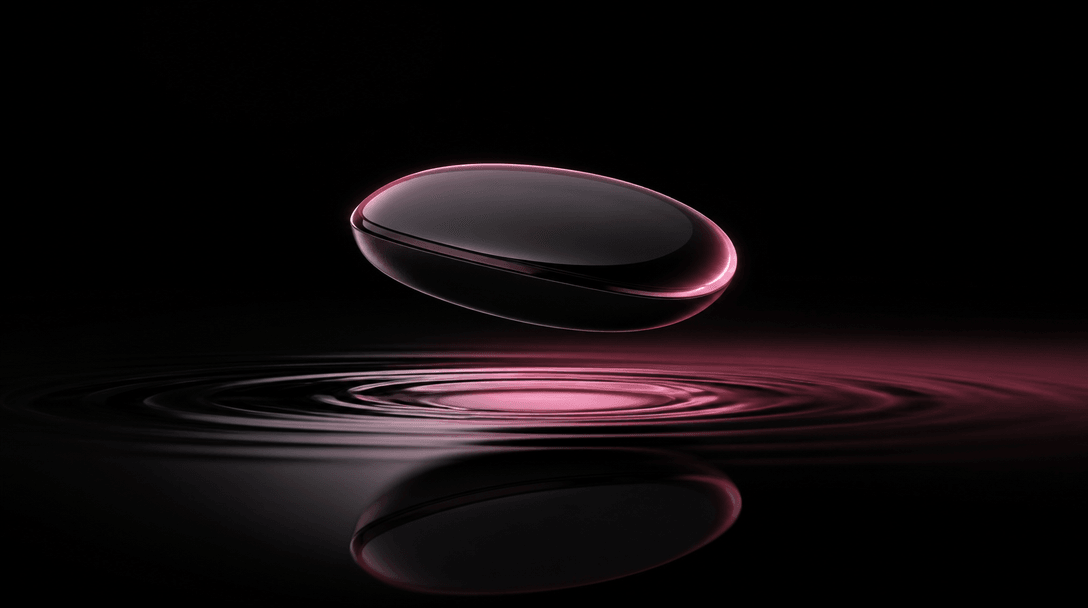 A single polished product silhouette appearing to float above a dark reflective surface while soft concentric waves trav