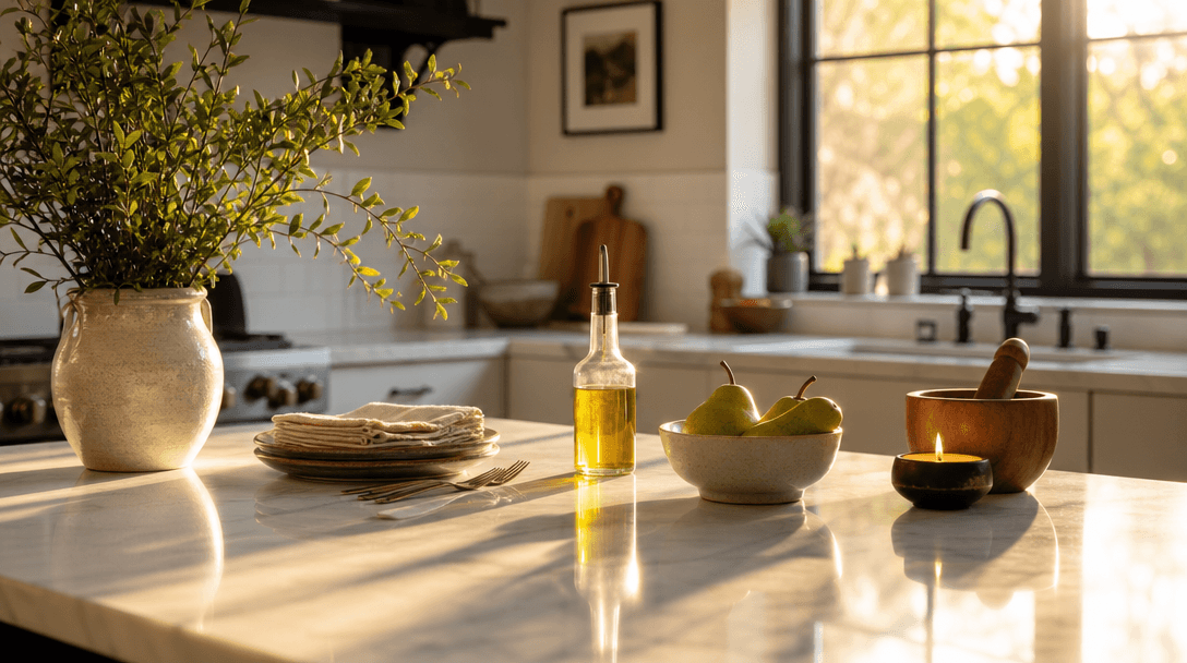 Warm natural light reflecting off kitchen counter surface. Golden hour sunlight streaming through window. Soft shadows o