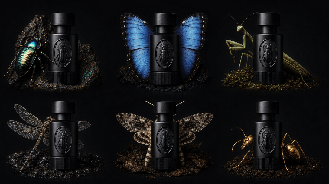 A dark editorial flat-lay arrangement of six small identical product silhouettes in a two-row grid, each surrounded by a
