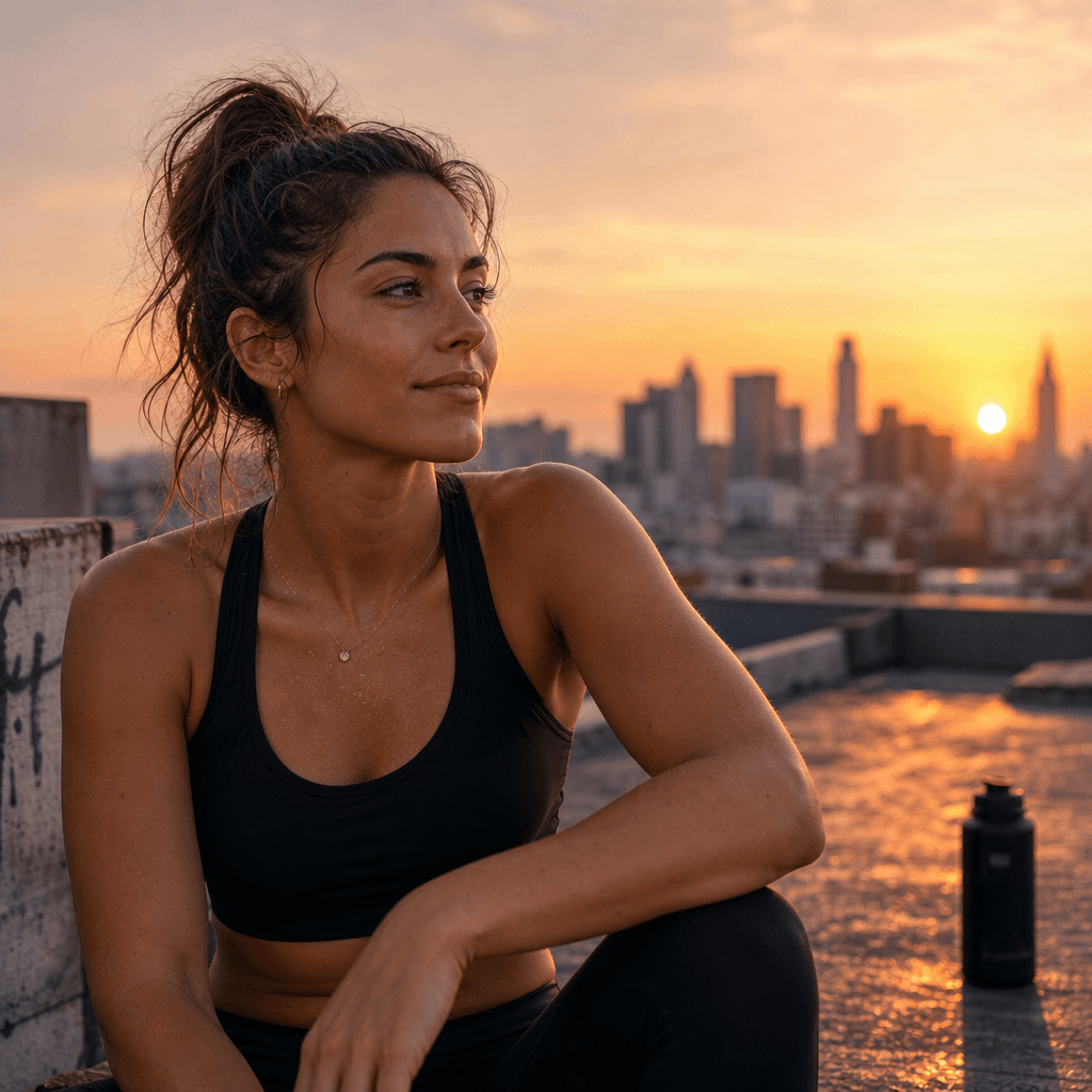 A serene portrait of an athlete resting on a rooftop at sunset, with the city skyline softly blurred in the background. 