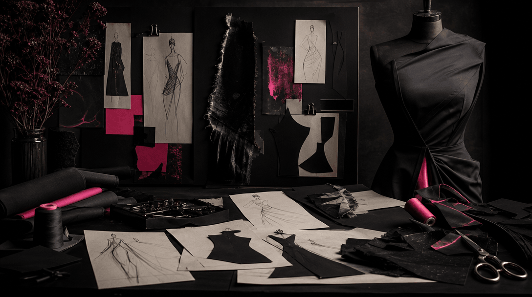 An atmospheric fashion concept table in a dark studio with fabric swatches, refined sketch lines, cut paper silhouettes,