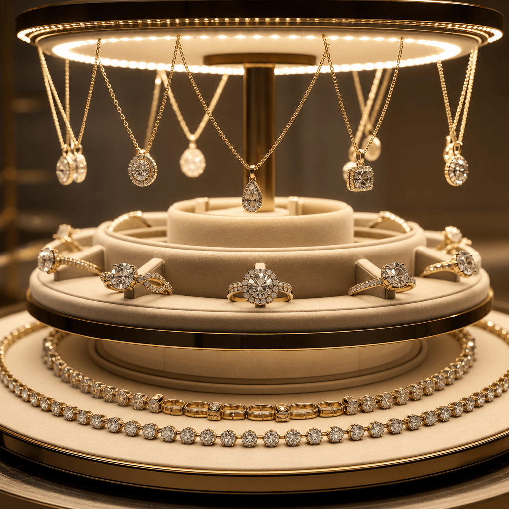 Jewelry carousel of engagement rings, delicate gold necklaces, and diamond bracelets rotating smoothly. Each piece catch