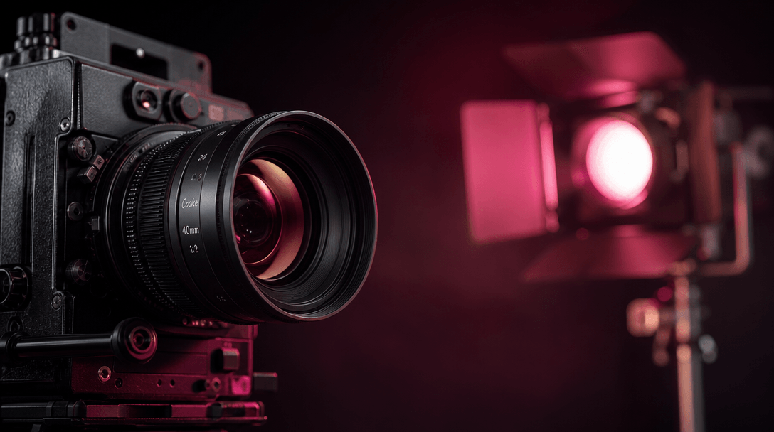 Minimalist composition of professional filmmaking elements, vintage cinema camera lens, professional lighting rig, dark 