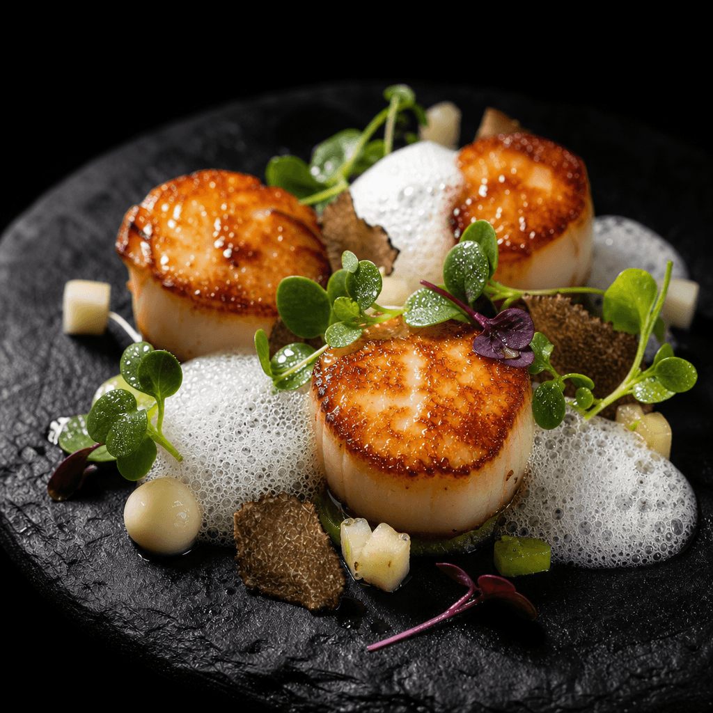 A fine-dining plate hero shot — geometric arrangement of seared scallops with microgreens and white foam on polished dar