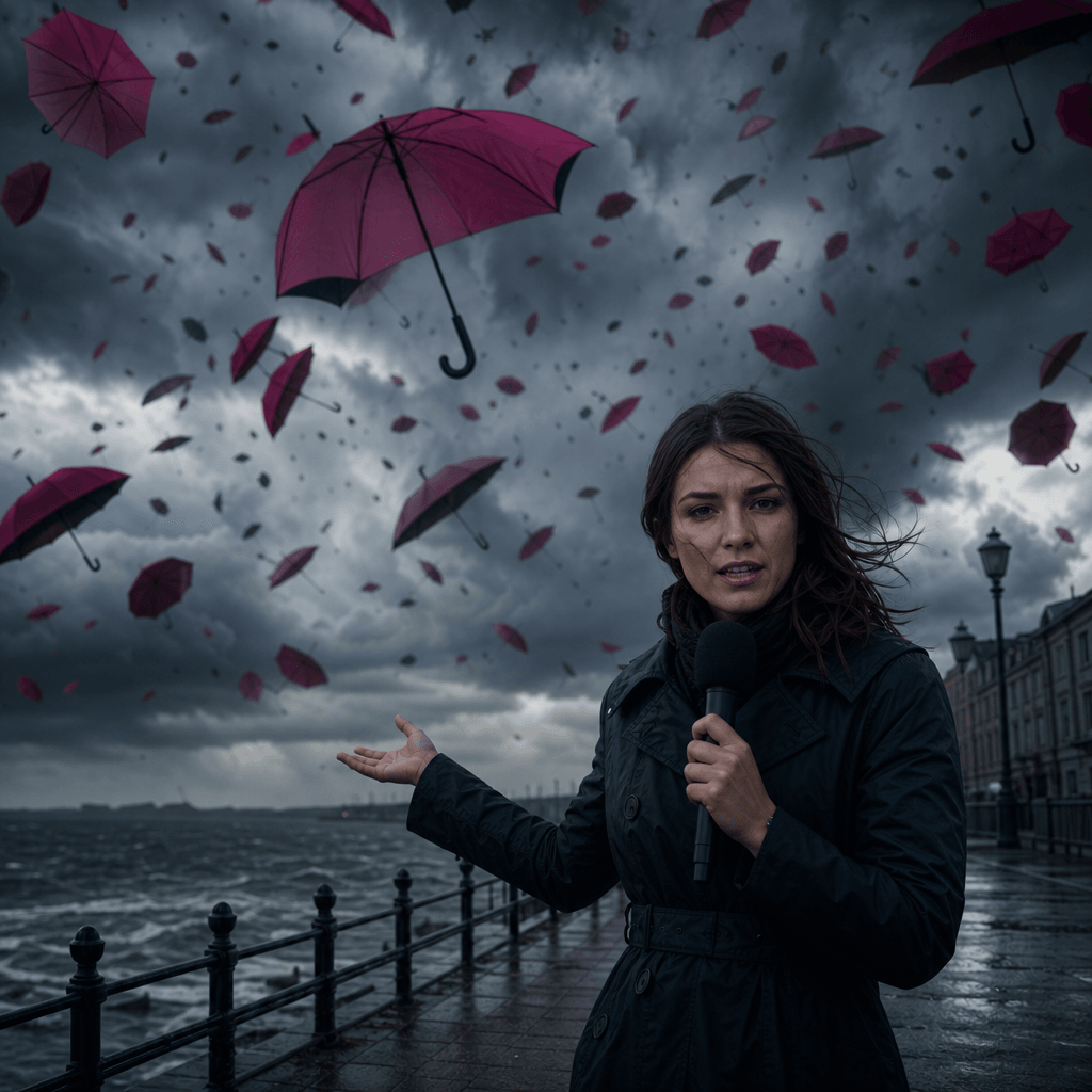 An original field reporter on a coastal promenade as thousands of empty umbrellas float upward into storm clouds. Cinema