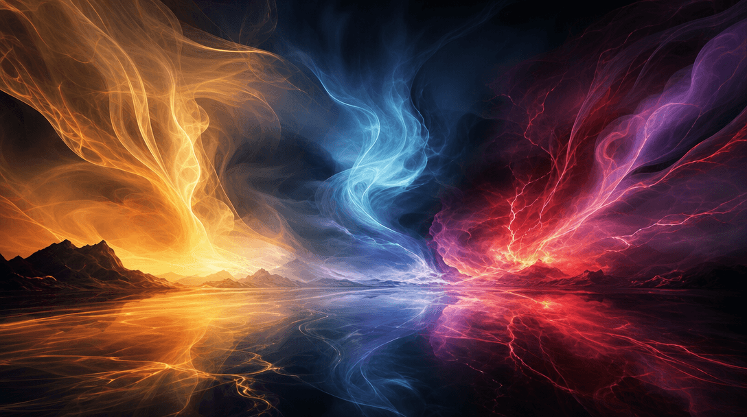 Abstract emotional landscape: flowing colored light representing different moods—warm amber for joy, cool blue for sadne