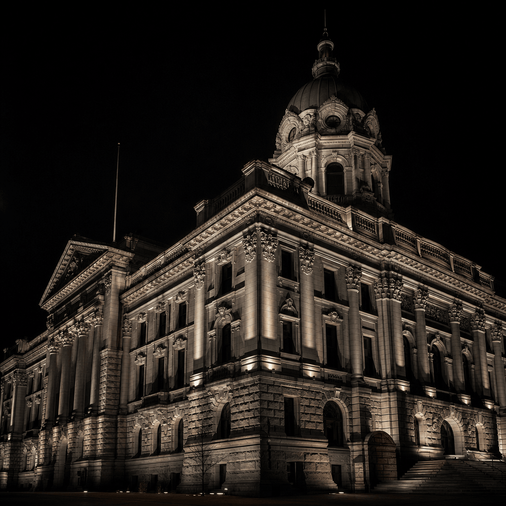 Historic stone civic building at full night, powerful exterior floodlights casting dramatic upward shadows across the ca