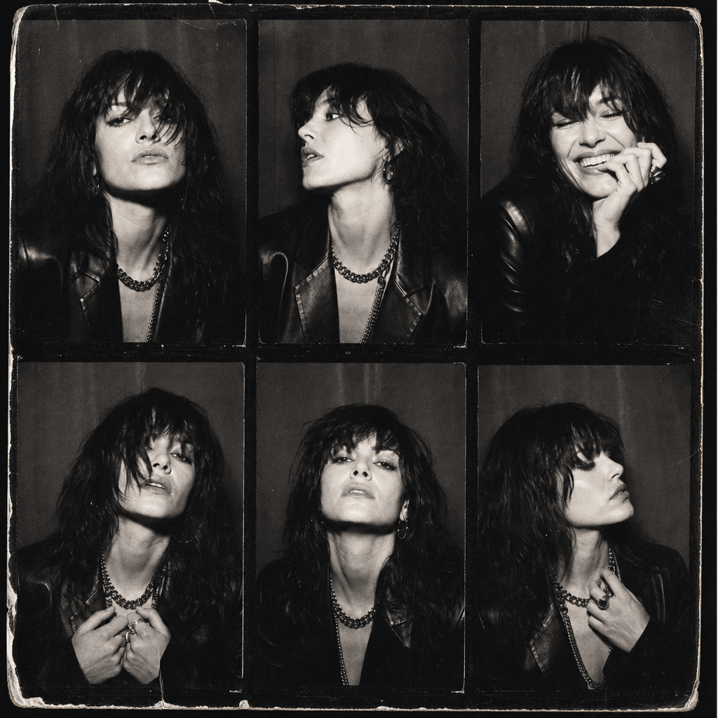 A square editorial composition featuring a vintage six-frame photobooth strip of an anonymous fashion-forward adult, hig