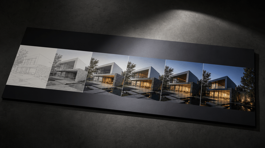 A sleek printed architectural presentation board displayed on a dark studio table under a directional spotlight, showing