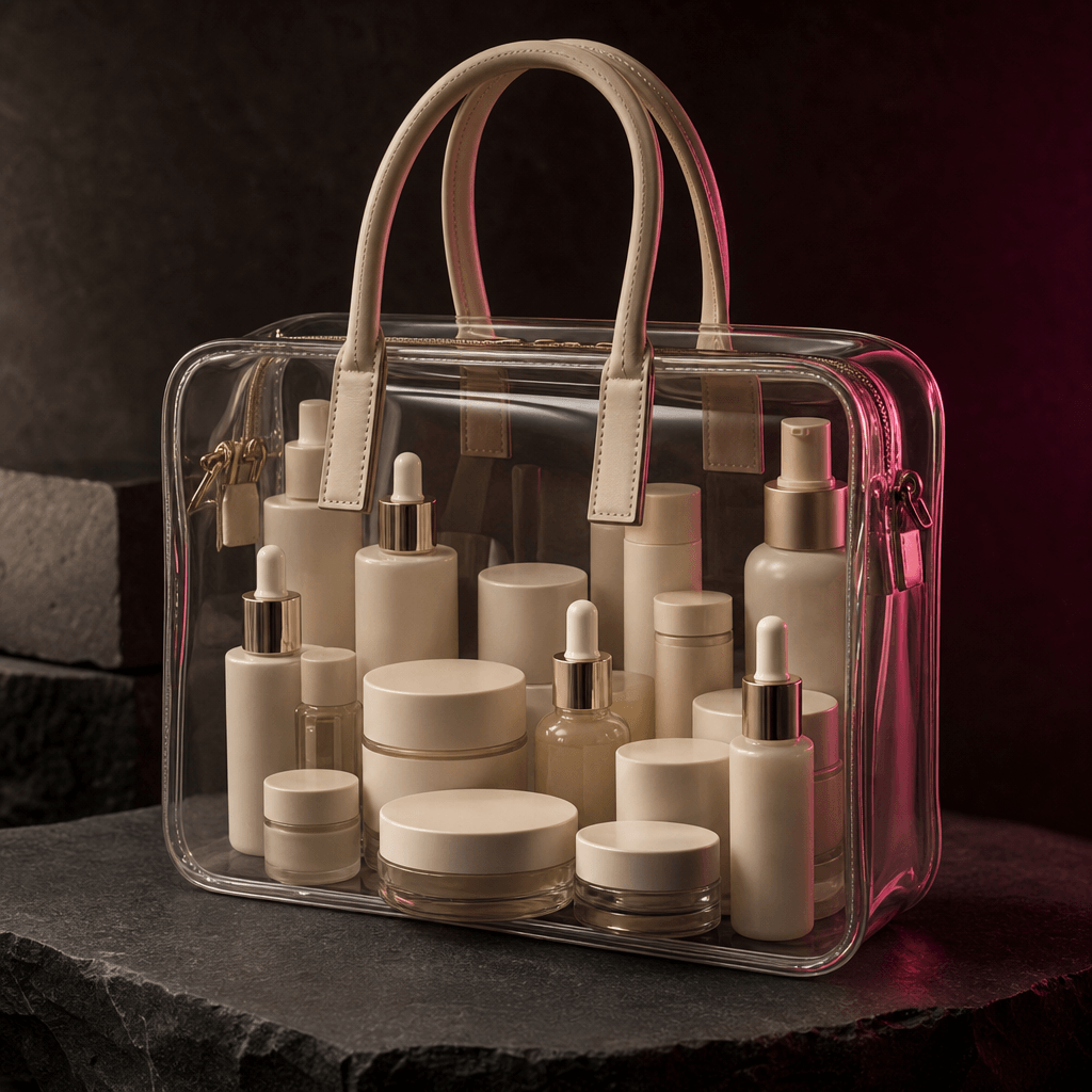 A clear structured handbag filled with minimalist skincare jars and serum bottles in warm ivory packaging, photographed 