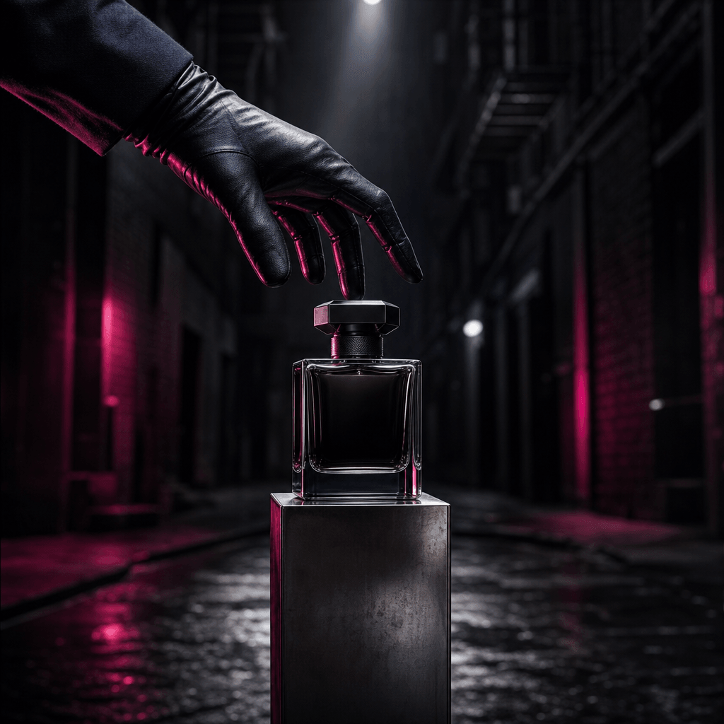 A polished fragrance bottle on a narrow metal plinth in an empty nighttime alley, with a gloved hand entering the frame 
