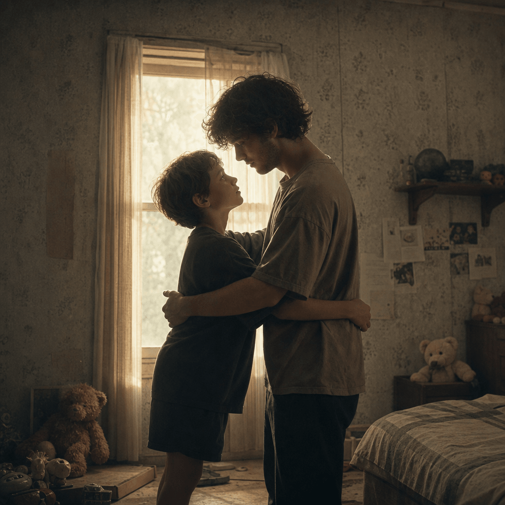Two versions of one abstract person at different ages meeting in a sunlit childhood bedroom, gentle embrace near a windo