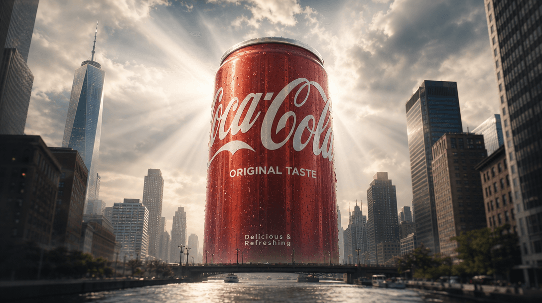 Dramatic perspective showing scale distortion effect, product appearing massive compared to buildings, light rays emphas