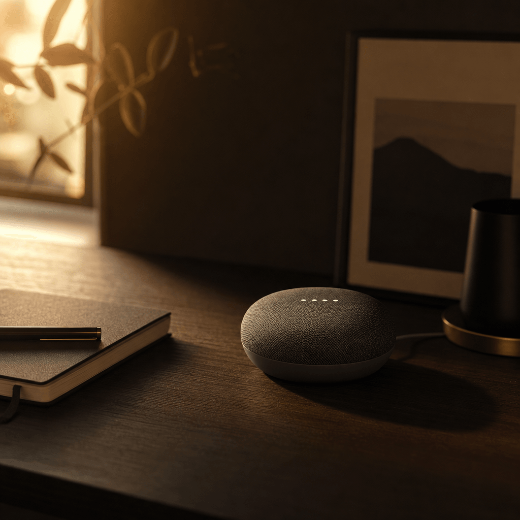 A compact smart speaker on a minimalist dark oak desk beside a closed notebook, golden hour sunlight streaming low from 