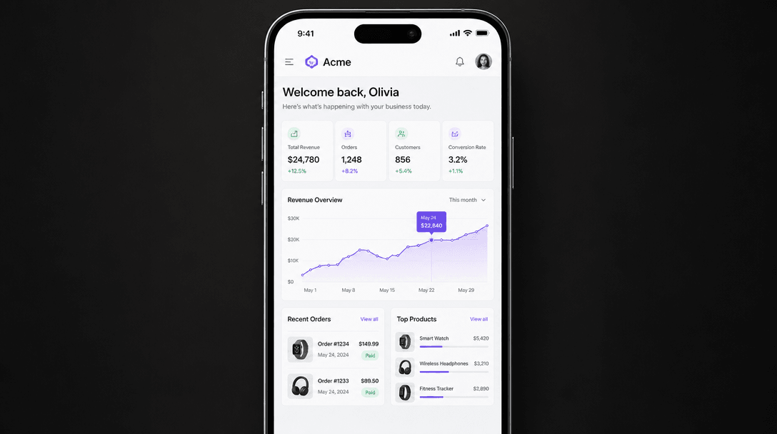 Polished, high-resolution smartphone display of a web application with sharp edges and minimal reflections. Premium prod