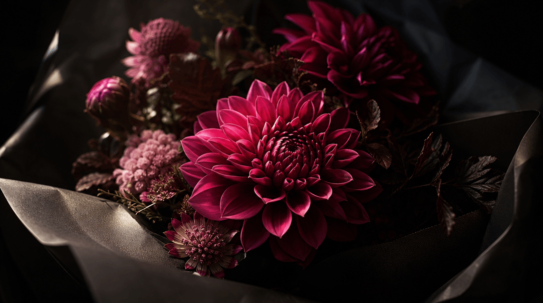 Macro editorial study of layered flower petals emerging from darkness, with the bouquet center held in sharp focus while