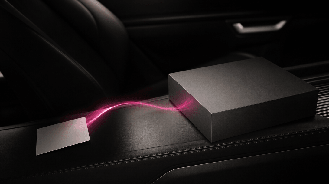 A cinematic 16:9 product still life symbolizing a web link becoming a campaign concept: an unbranded product box rests o