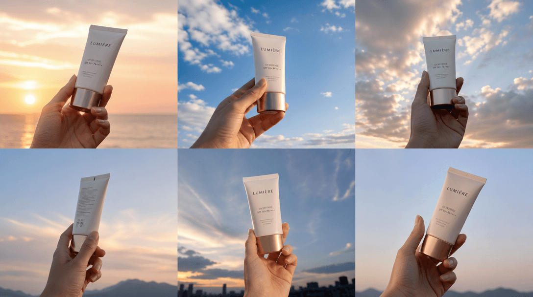 Multiple hand holding poses from different angles showing product against shifting sky backdrops, smooth cinematic trans