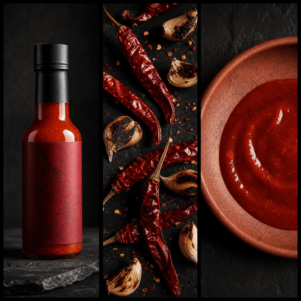 Product triptych for a premium small-batch hot sauce bottle with deep crimson label — three coordinated panels: hero bot