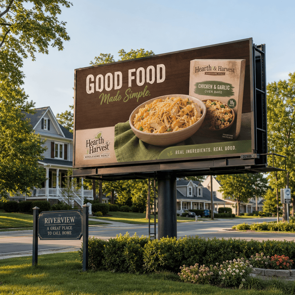 Billboard displaying food product on quiet suburban neighborhood street, warm afternoon light, residential buildings and