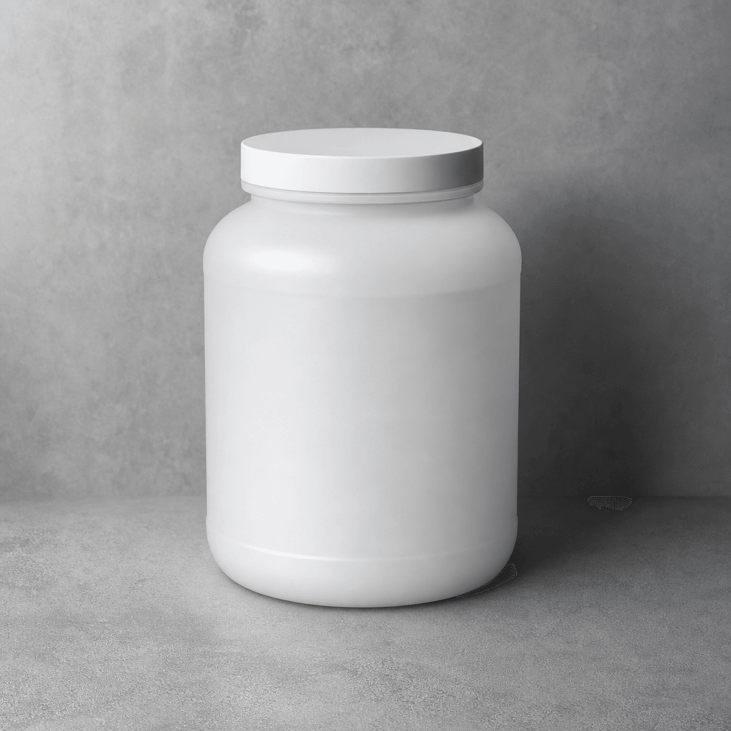 Minimalist studio product photography of a frosted white protein powder tub on a cool grey textured surface, soft overhe