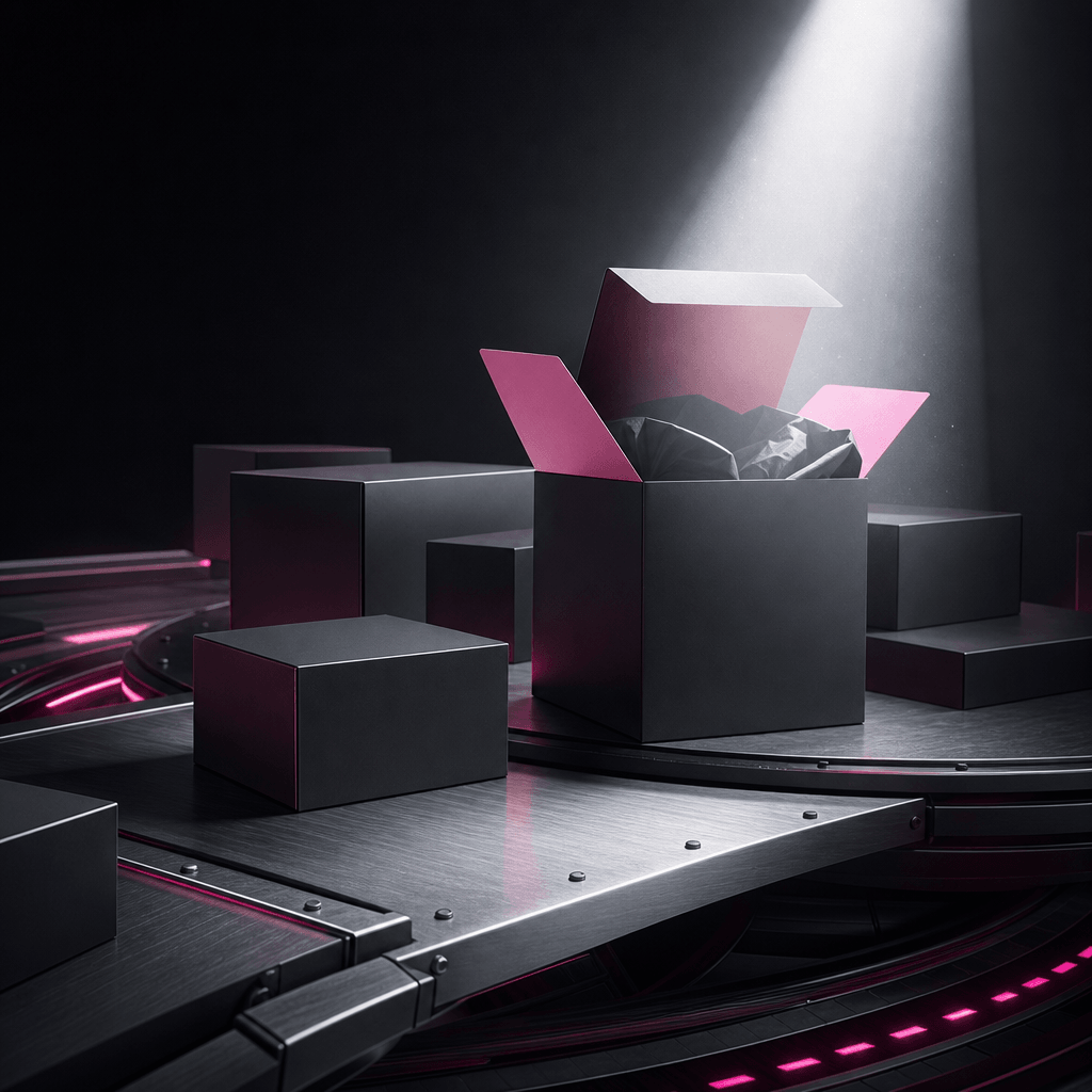 Ecommerce restock announcement concept with multiple matte product boxes arriving on a brushed metal platform, one packa