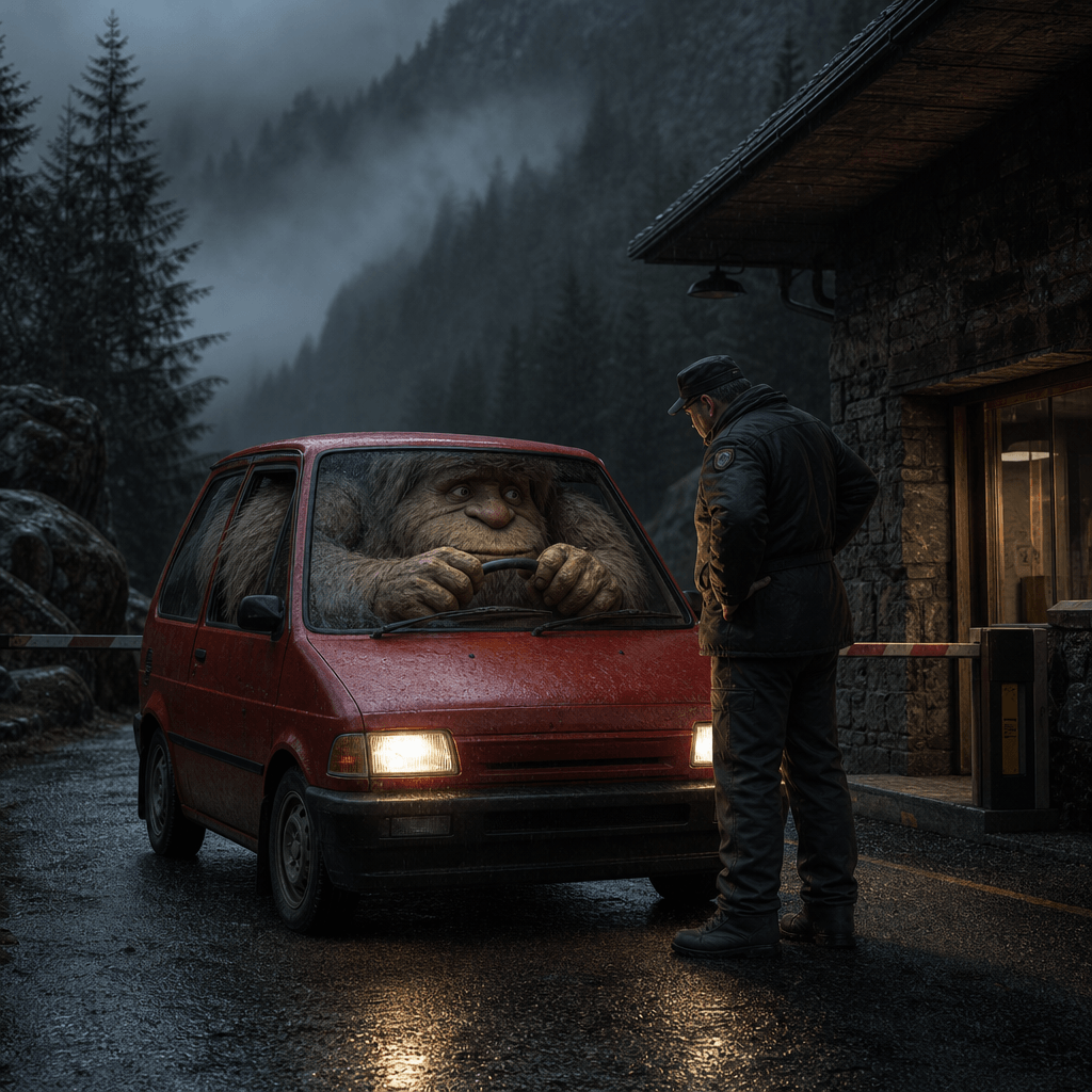 A giant gentle forest creature squeezed behind the wheel of a tiny red hatchback on a misty mountain road, facing an imp
