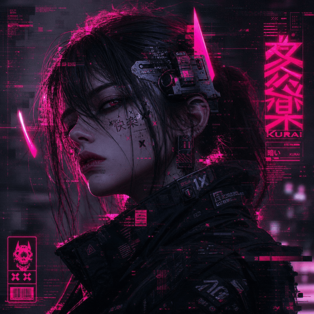 Character with hot pink neon accents and glitch art effects, cyberpunk styling with tech elements and futuristic headgea
