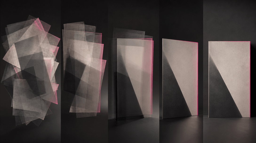 A sequence of layered translucent paper sheets progressively aligning into one precise cover-shaped composition, capture