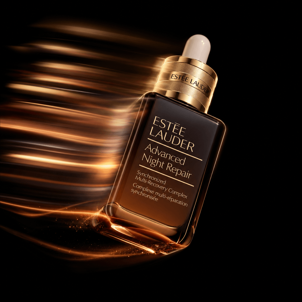 A beauty product in motion, captured with stunning motion blur effects, set against a dark background to highlight the p