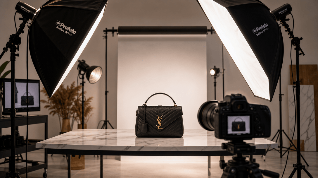 Studio lighting setup with soft boxes, perfect product illumination, shadow play on luxury materials, professional photo