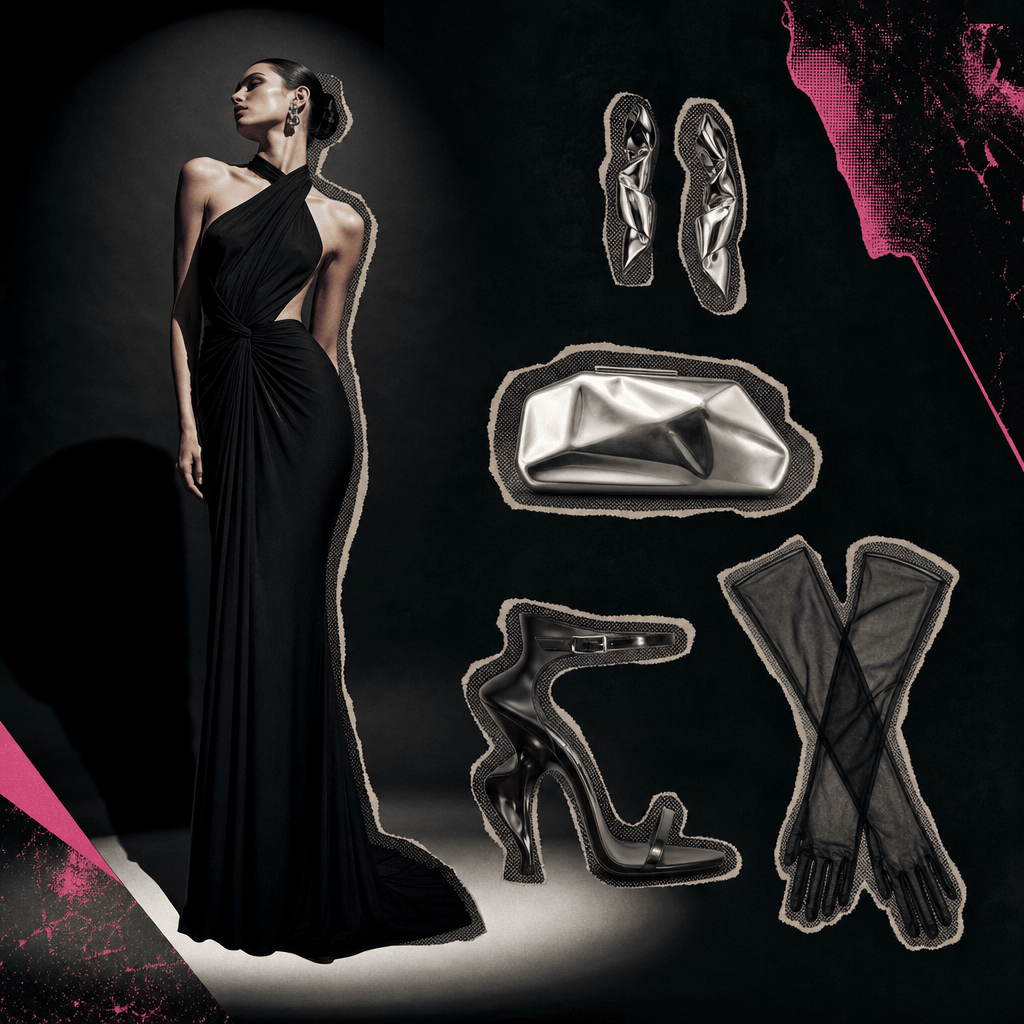 A square luxury eveningwear style board with a long black dress, sculptural heels, silver clutch, earrings, and sheer gl