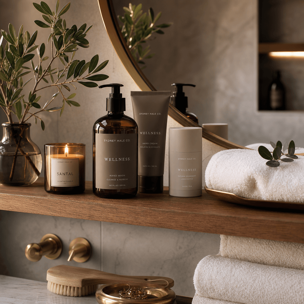 Wellness products arranged artistically on wood bathroom shelf with mirror reflection and luxury accessories. Spa aesthe