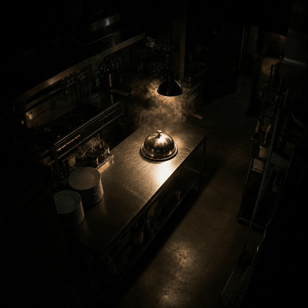 Surveillance-style overhead view of a modern restaurant kitchen after closing, a silver serving dome isolated on a stain