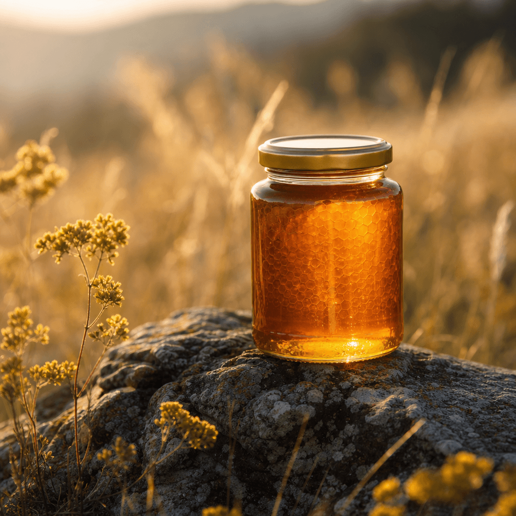 A glass jar of artisan honey on a weathered rock in a golden wildflower meadow, honey catching warm sunlight while grass