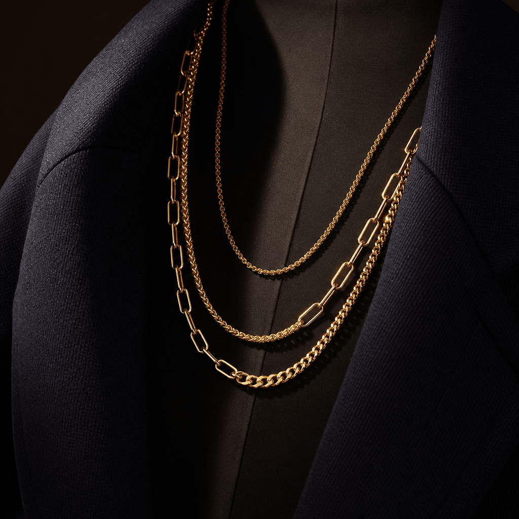 Cinematic jewelry still — layered gold chain necklaces draped over the open collar of a navy blazer, photographed from a