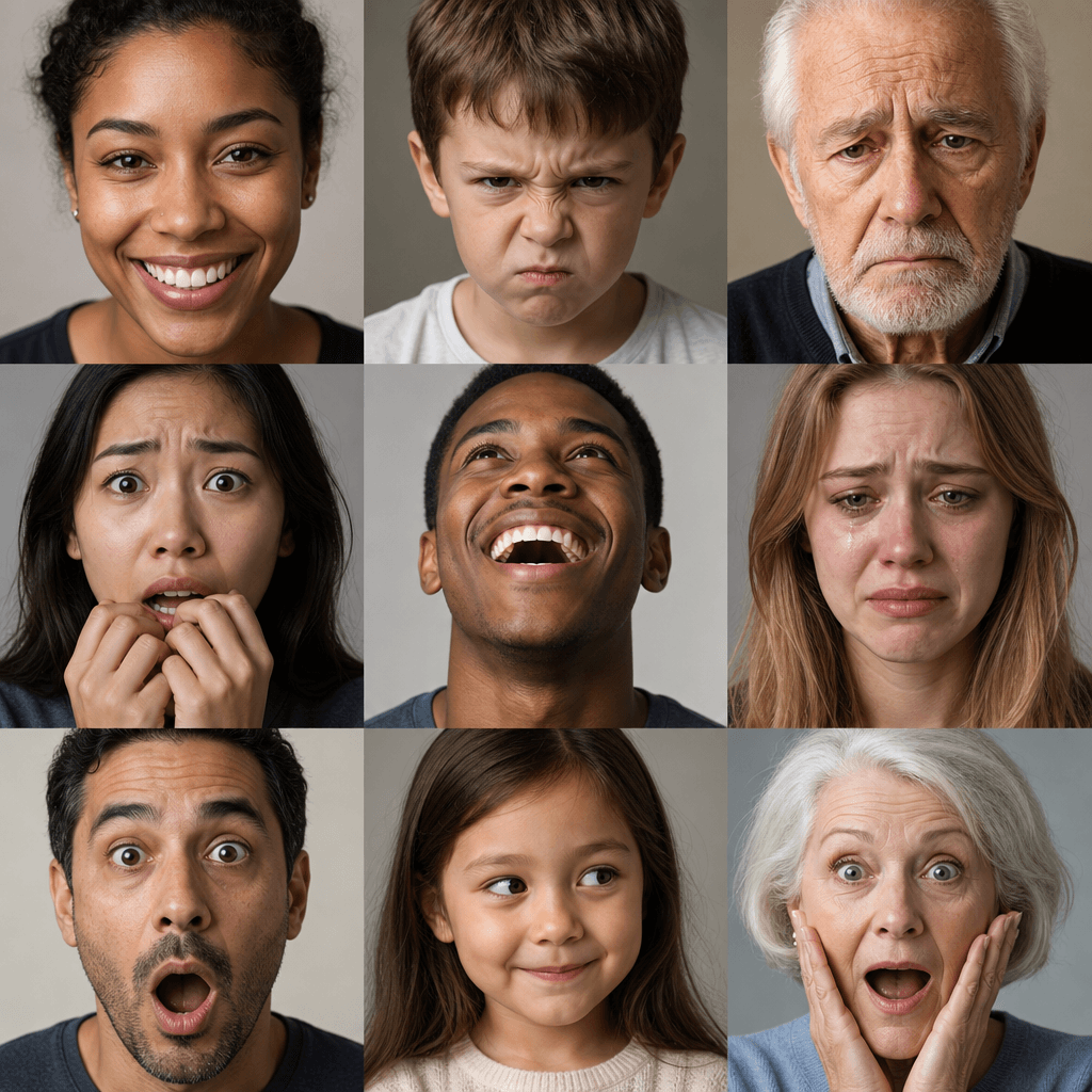 Close-up detail of a 3x3 grid showing nine faces with distinctly different emotions—each face clearly displaying differe