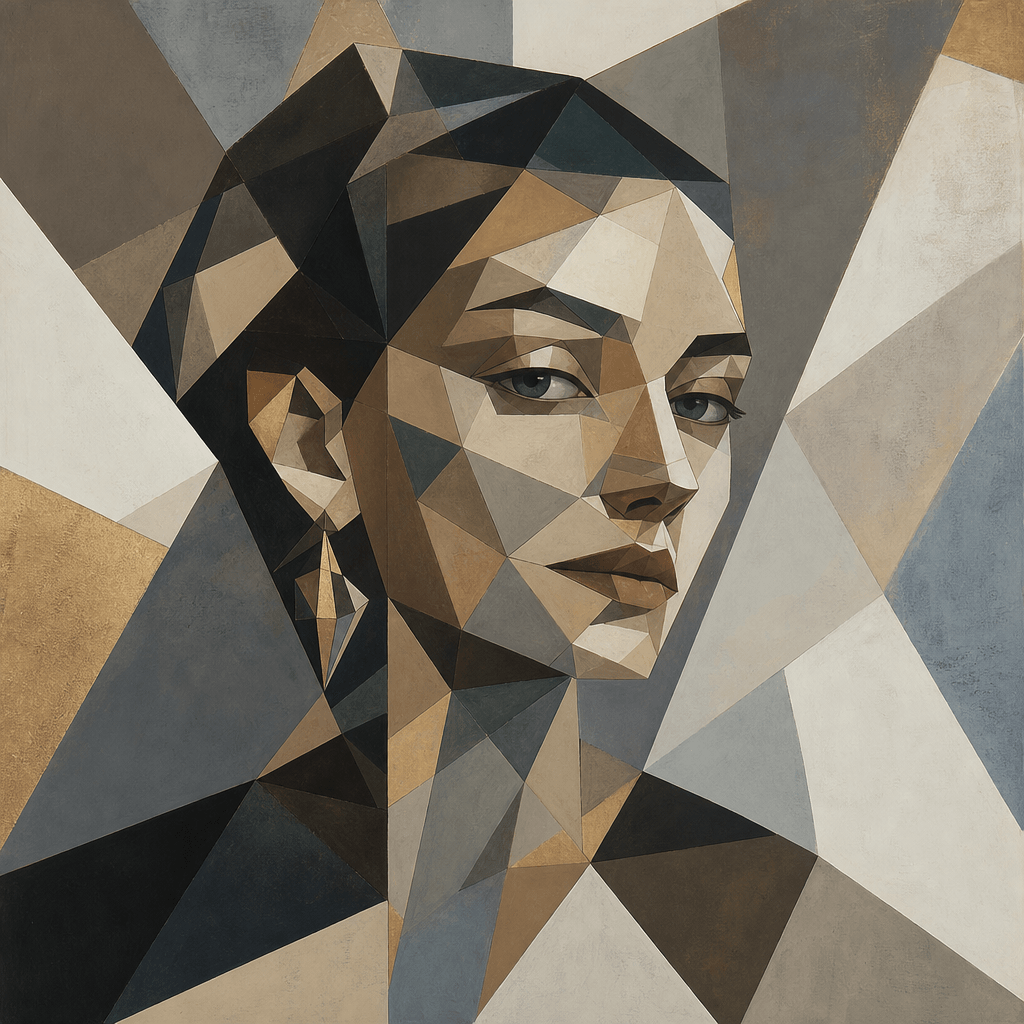 Geometric portrait art with intersecting planes and crystalline facets, contemporary gallery style, sophisticated muted 