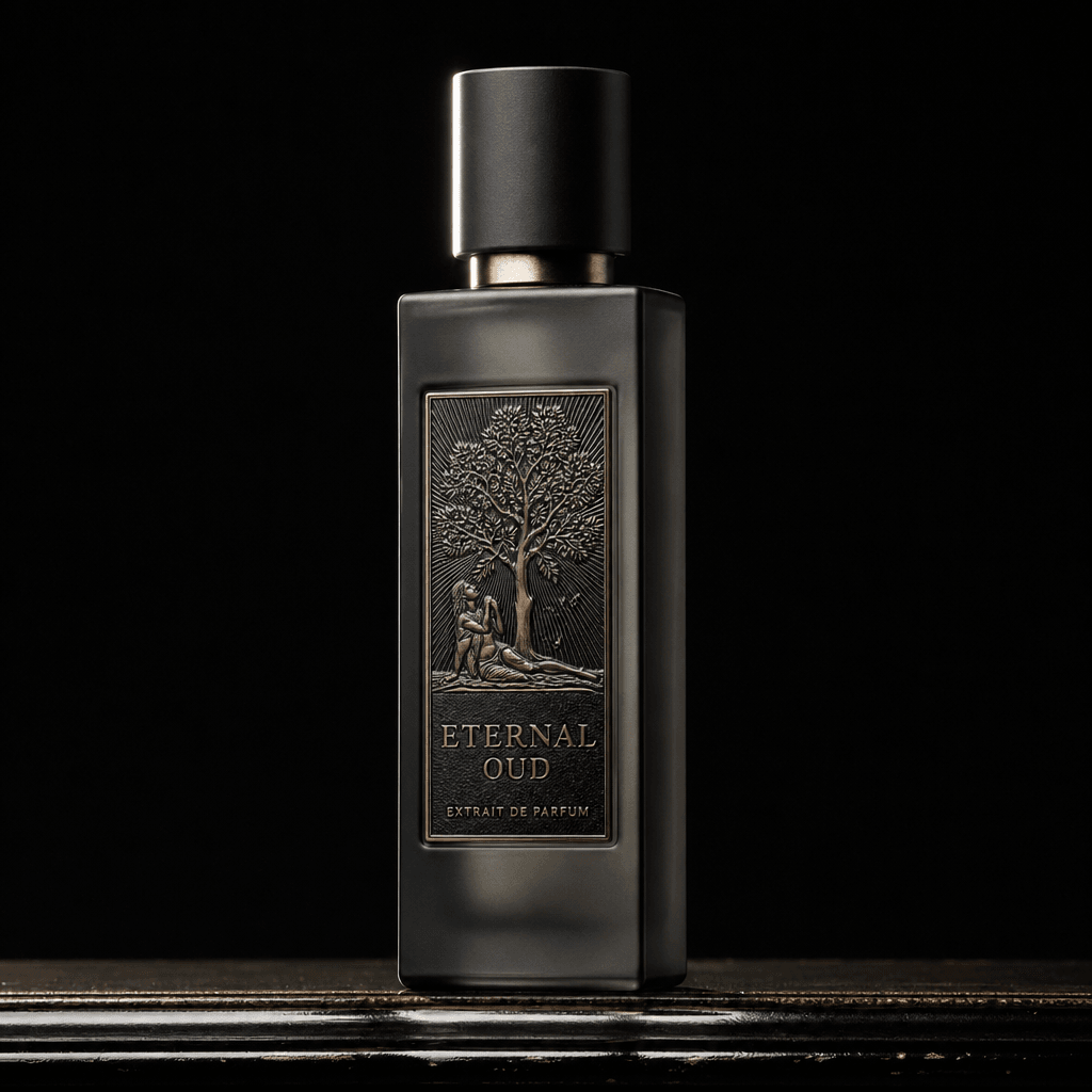 A tall dark frosted-glass perfume bottle standing upright on a dark lacquered bench surface, specular highlight running 