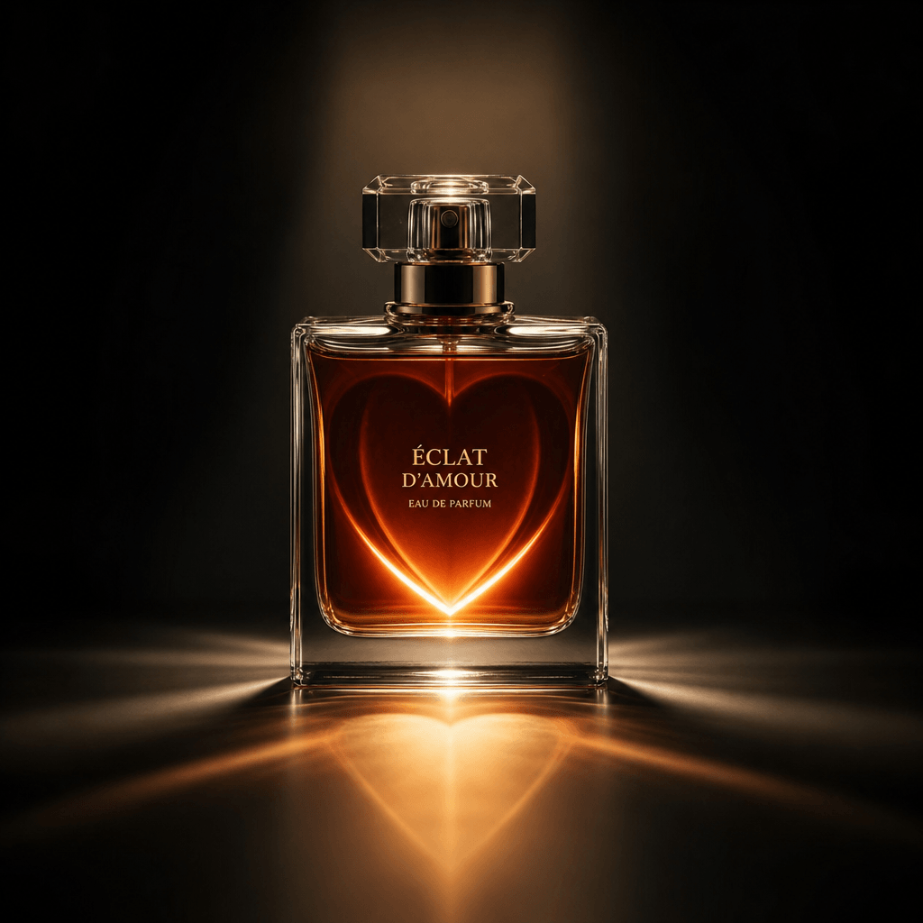 Heart-shaped light on luxury perfume bottle, dramatic spotlight effect, professional studio lighting, dark minimal backg