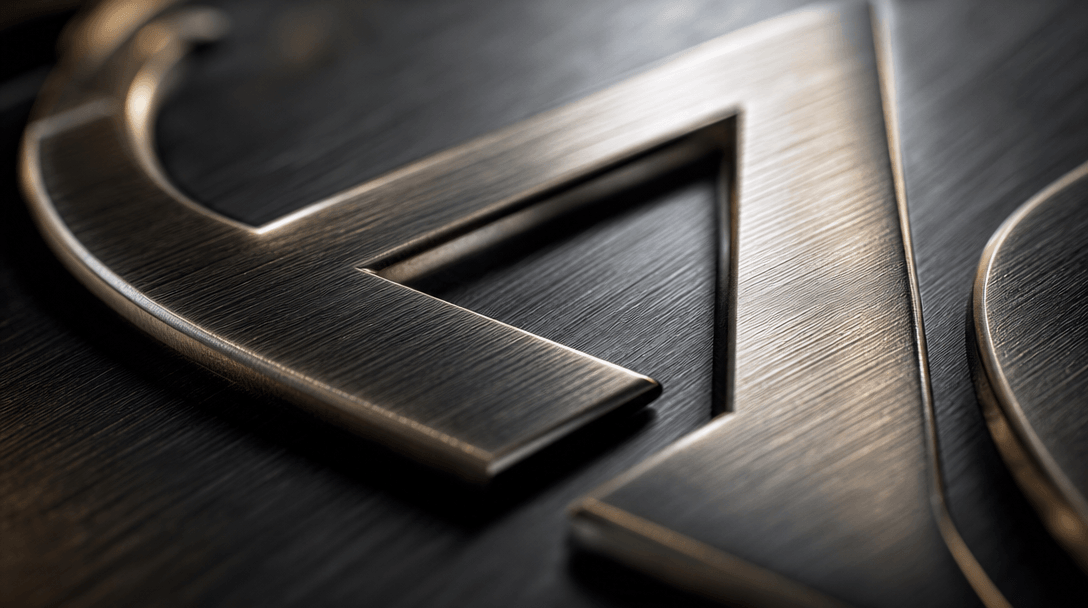 Close-up macro detail of logo texture: brushed metal grain pattern with depth of field and cinematic lighting