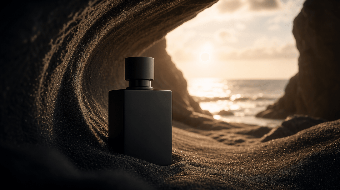 A single matte product silhouette framed by a sweeping curve of sand and distant ocean light, deep shadow around the edg